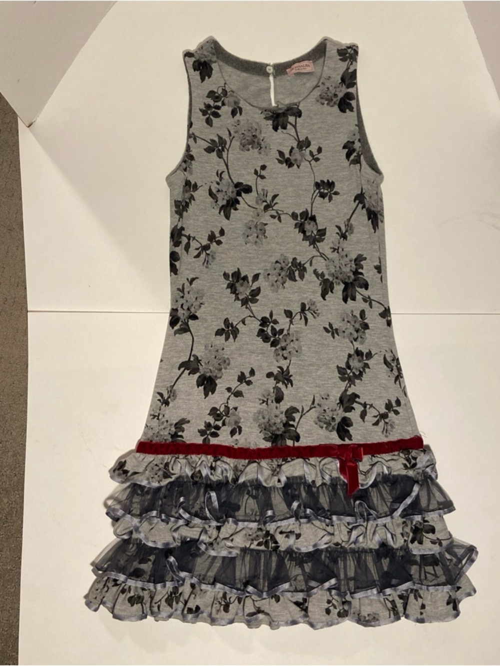 MonnaLisa Gray Floral Tank Dress with Red Velvet Trim